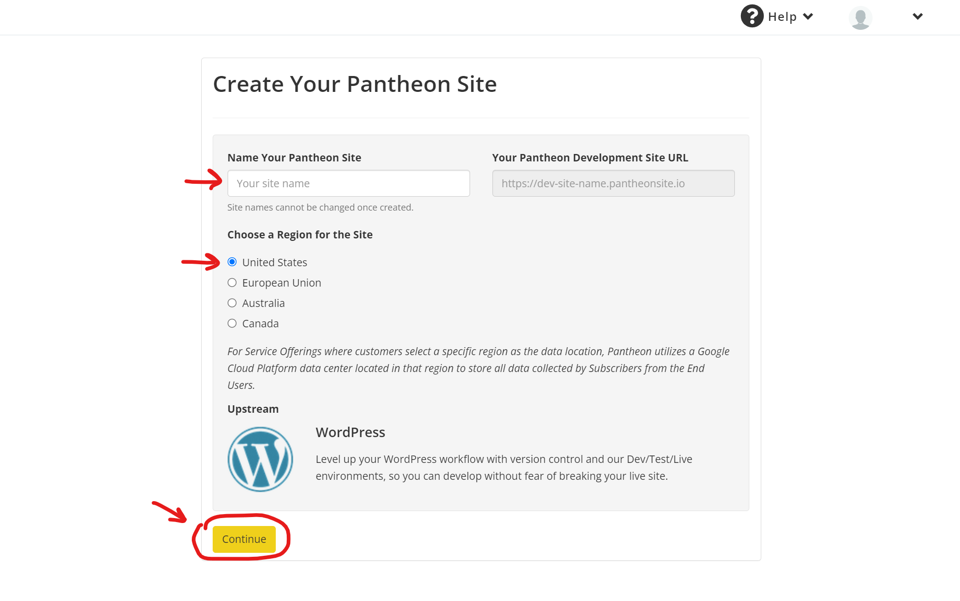 The 'Create Your Pantheon Site' form