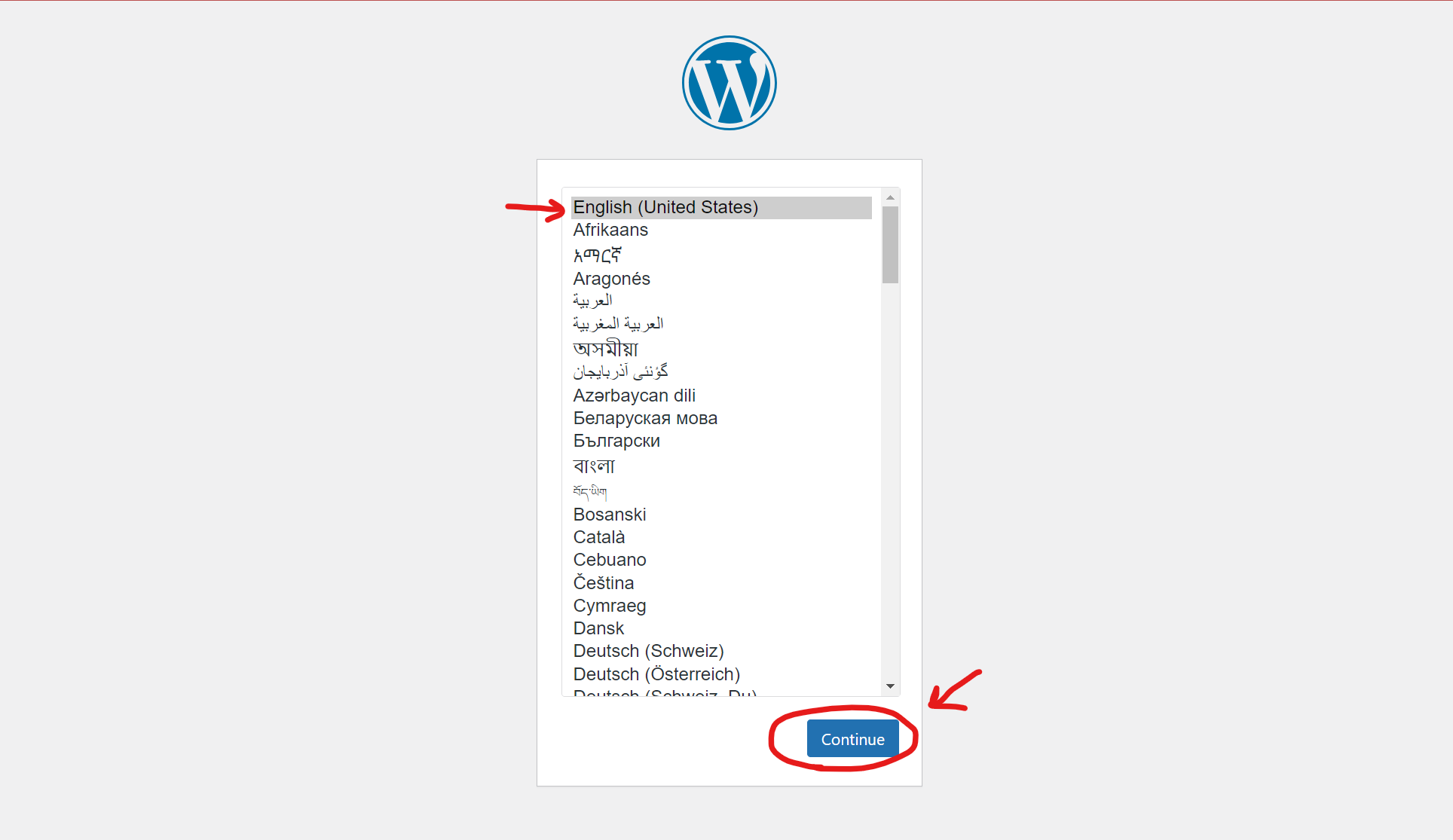 WordPress Install Flow - Language Selection