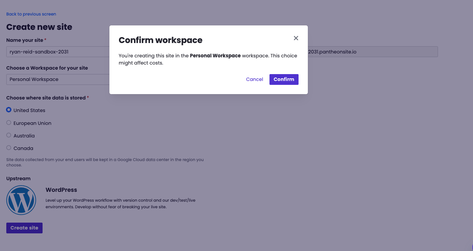 The 'Create Your Pantheon Site' form