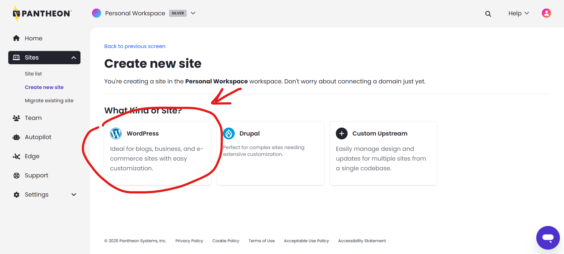 Selecting the WordPress option on the 'Create a Site' page