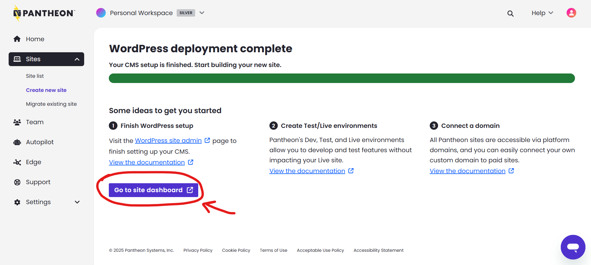Pantheon finished creating your site