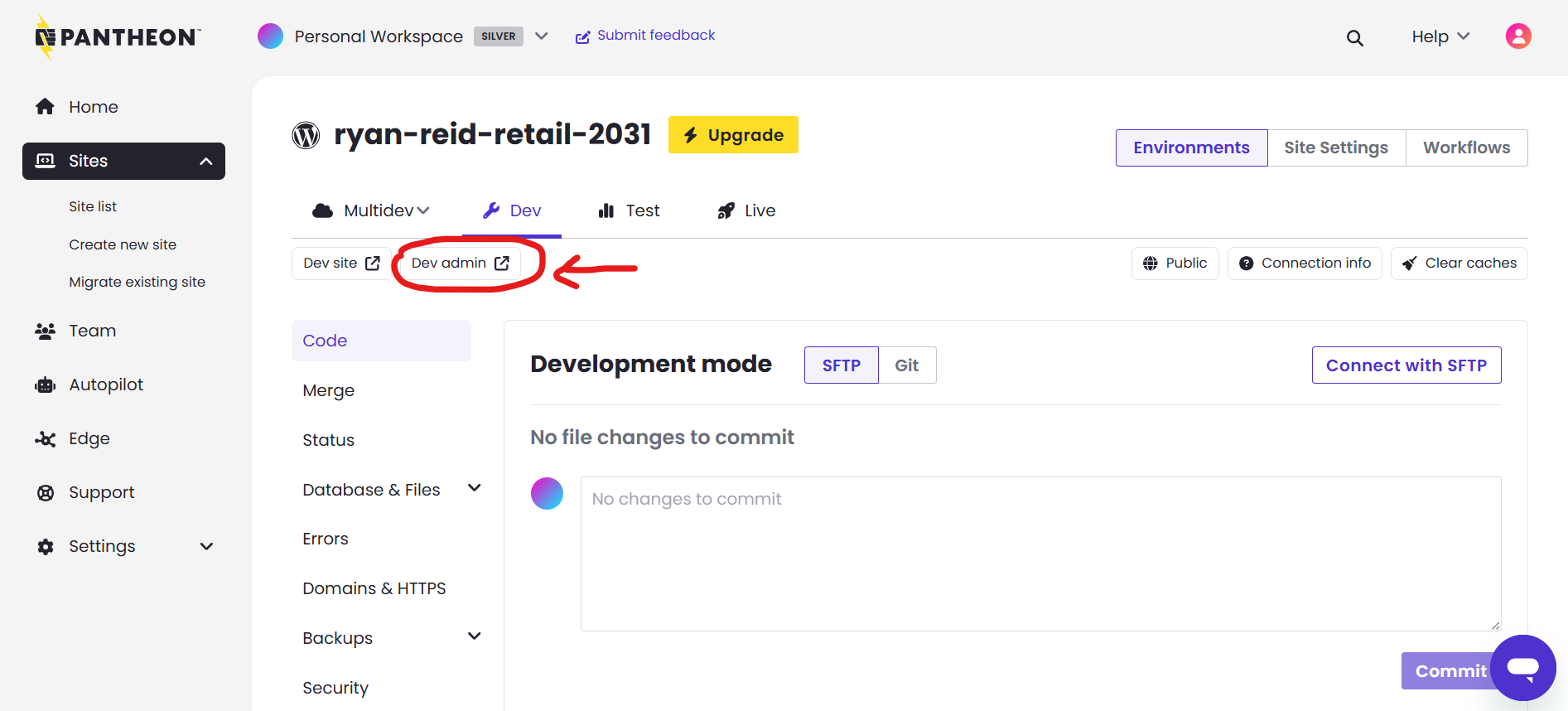 Clicking on the Site Admin button