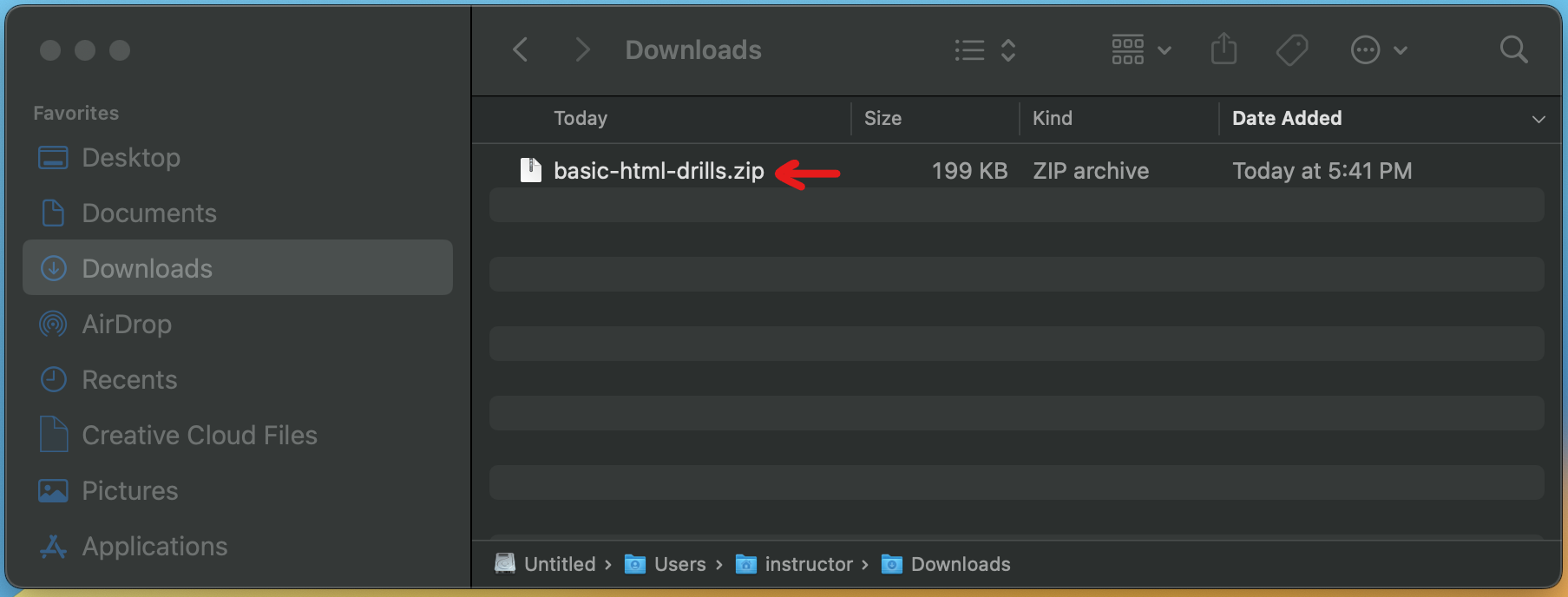 Downloaded code template in the Downloads folder