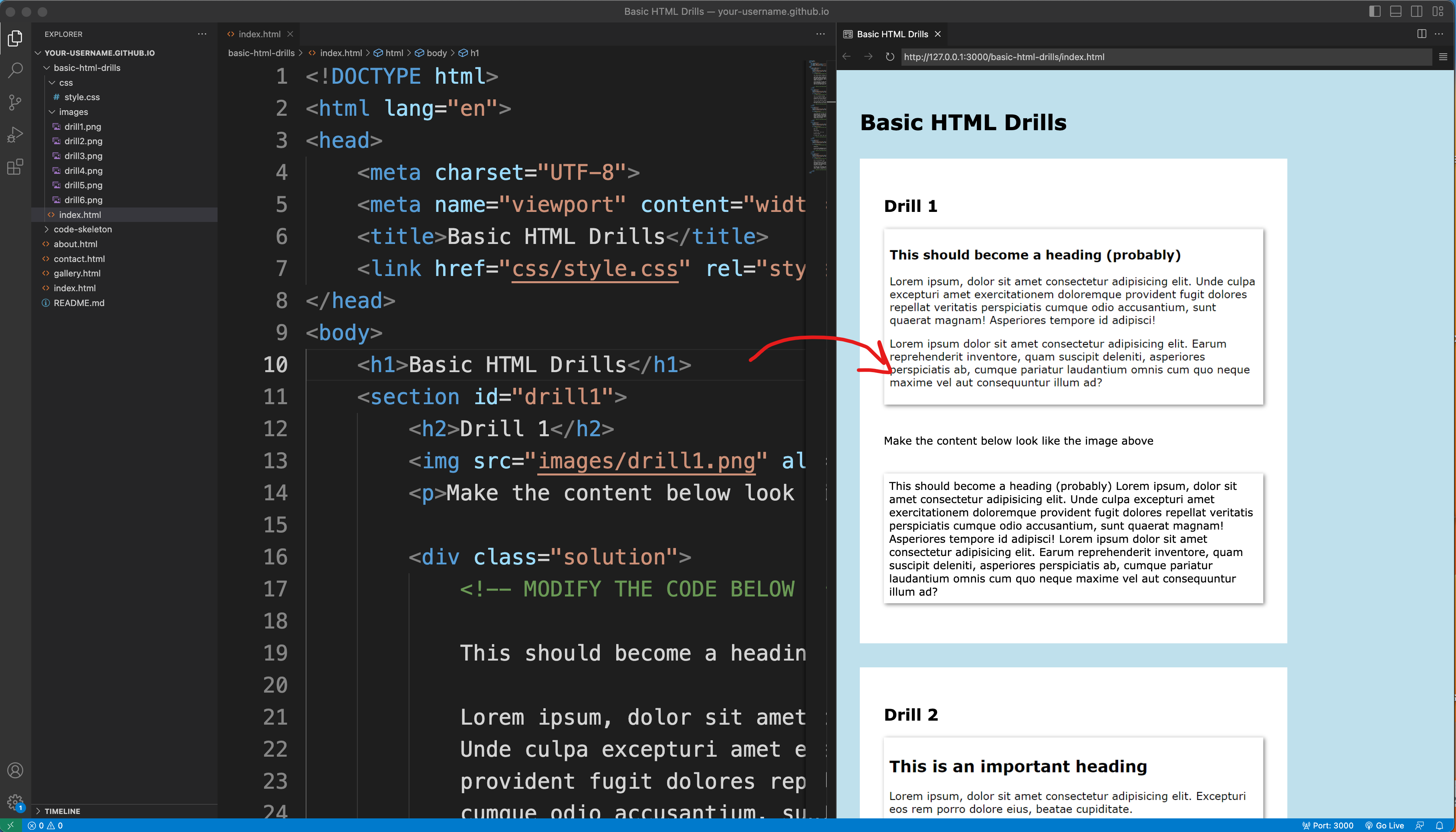 Previewing index.html for the Basic HTML Drills