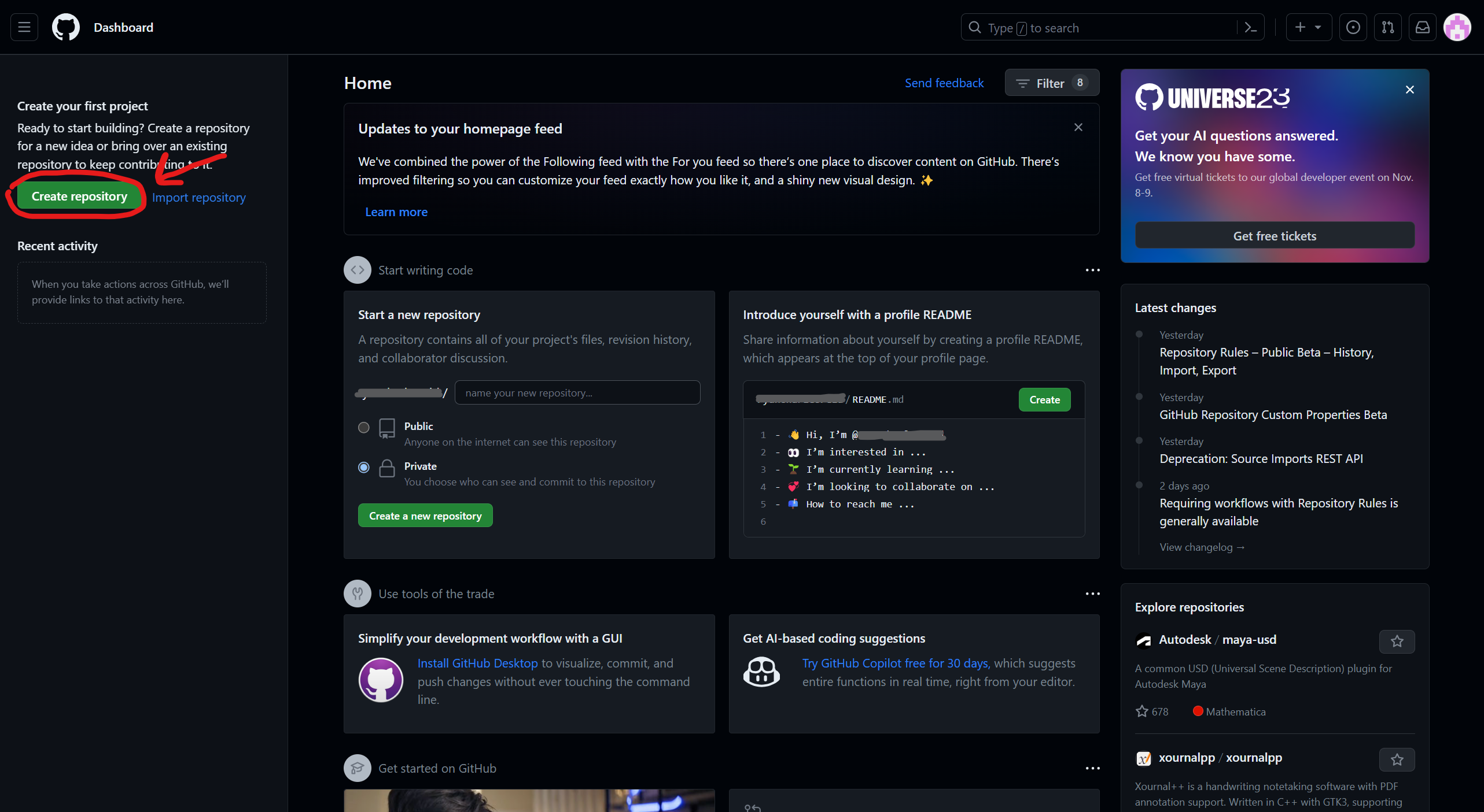 'Create repository' on the Dashboard ('Dark' Theme)