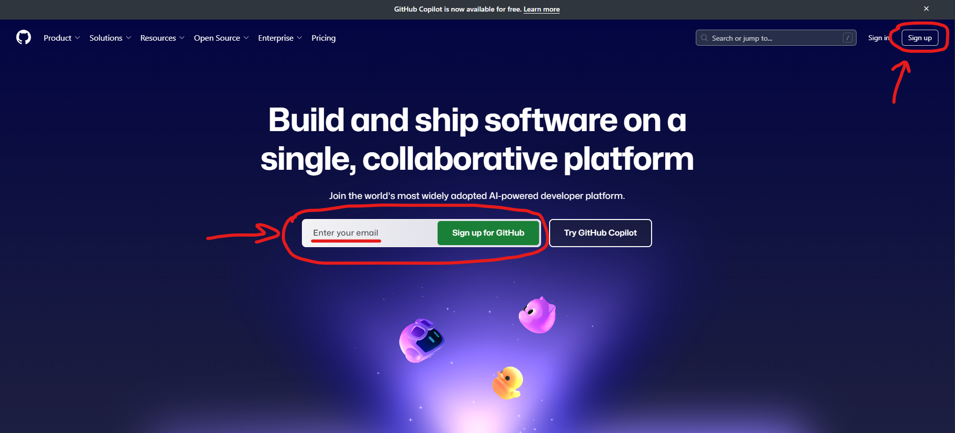 The home page of GitHub
