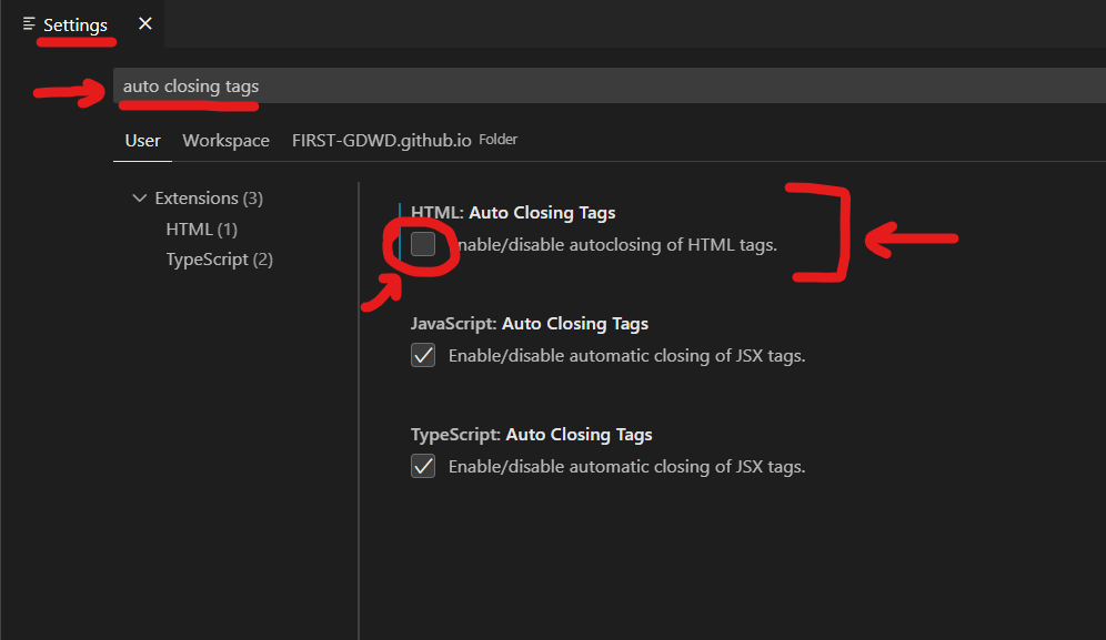 Screenshot of the Settings tab, when turning off the 'HTML: Auto Closing Tags' setting