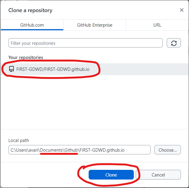 The 'Clone a repository' dialog