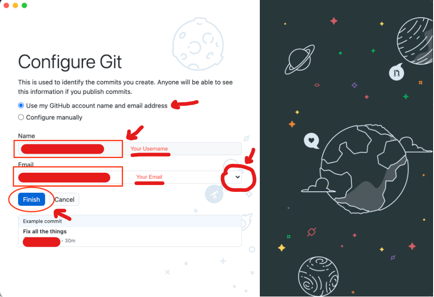 After authenticating, you will configure your Git settings