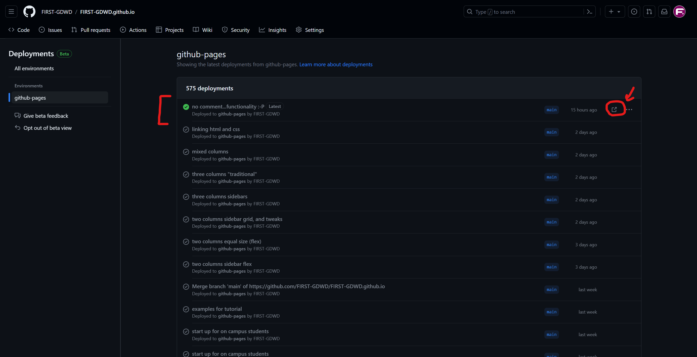 The (new) Deployments page in github.com, where you can access your homepage