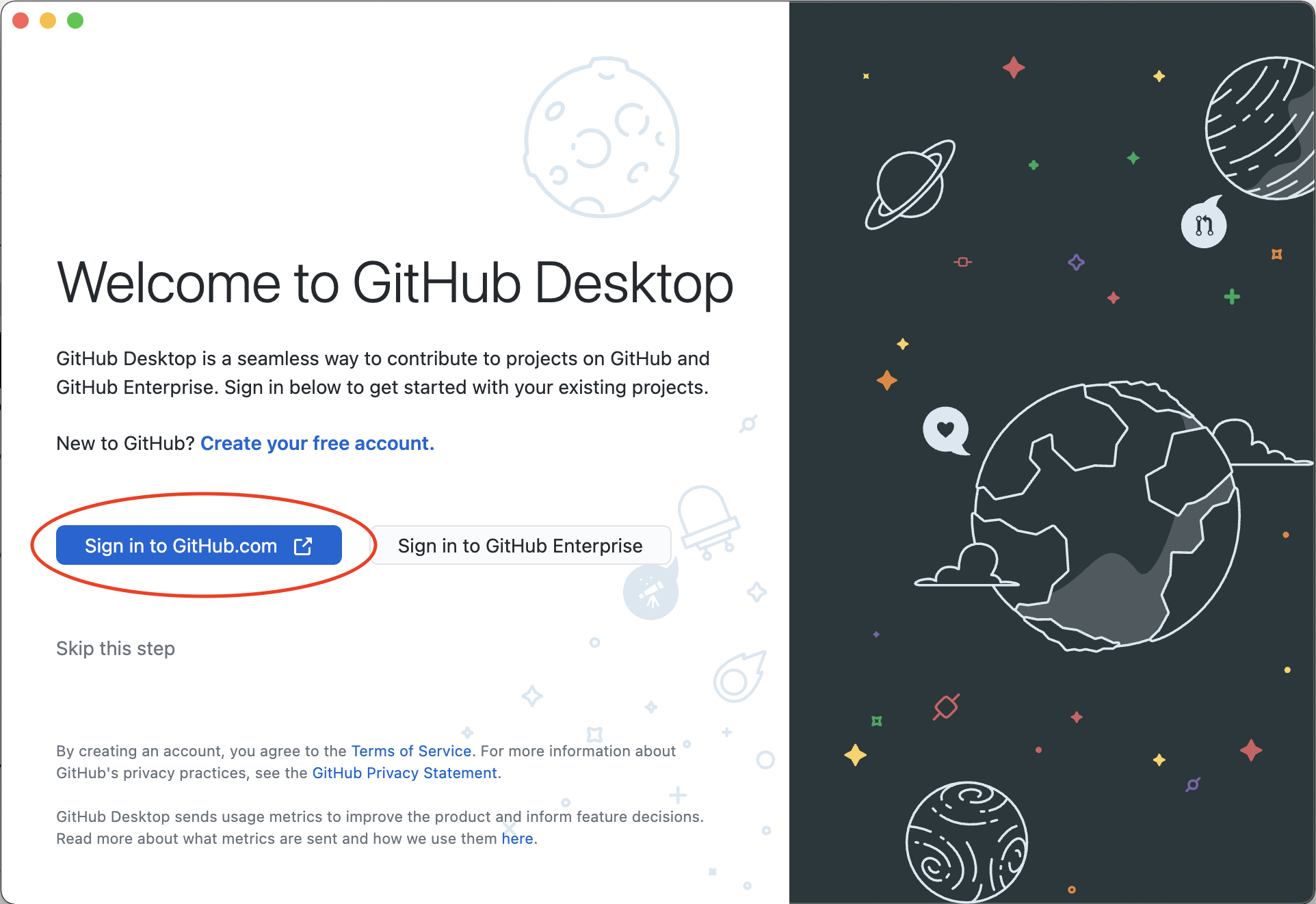 The GitHub Desktop app startup screen after installing