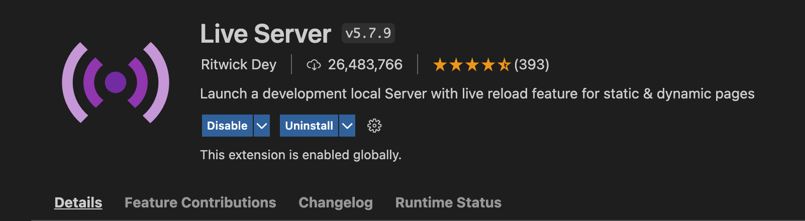 A screenshot of the Live Server extension