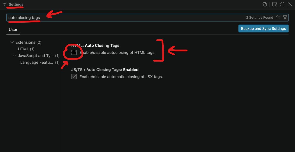Screenshot of the Settings tab, when turning off the 'HTML: Auto Closing Tags' setting