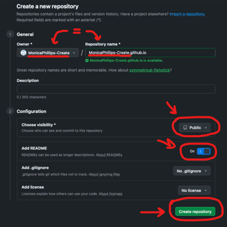 The repository creation dialog form